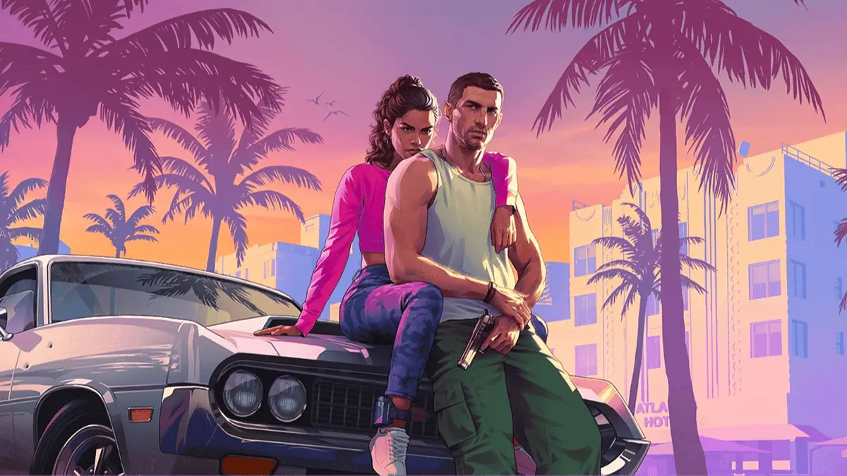 Illustratie van Lucia en Jason bij een oude auto voor artdecohotels en palmbomen in avondlicht