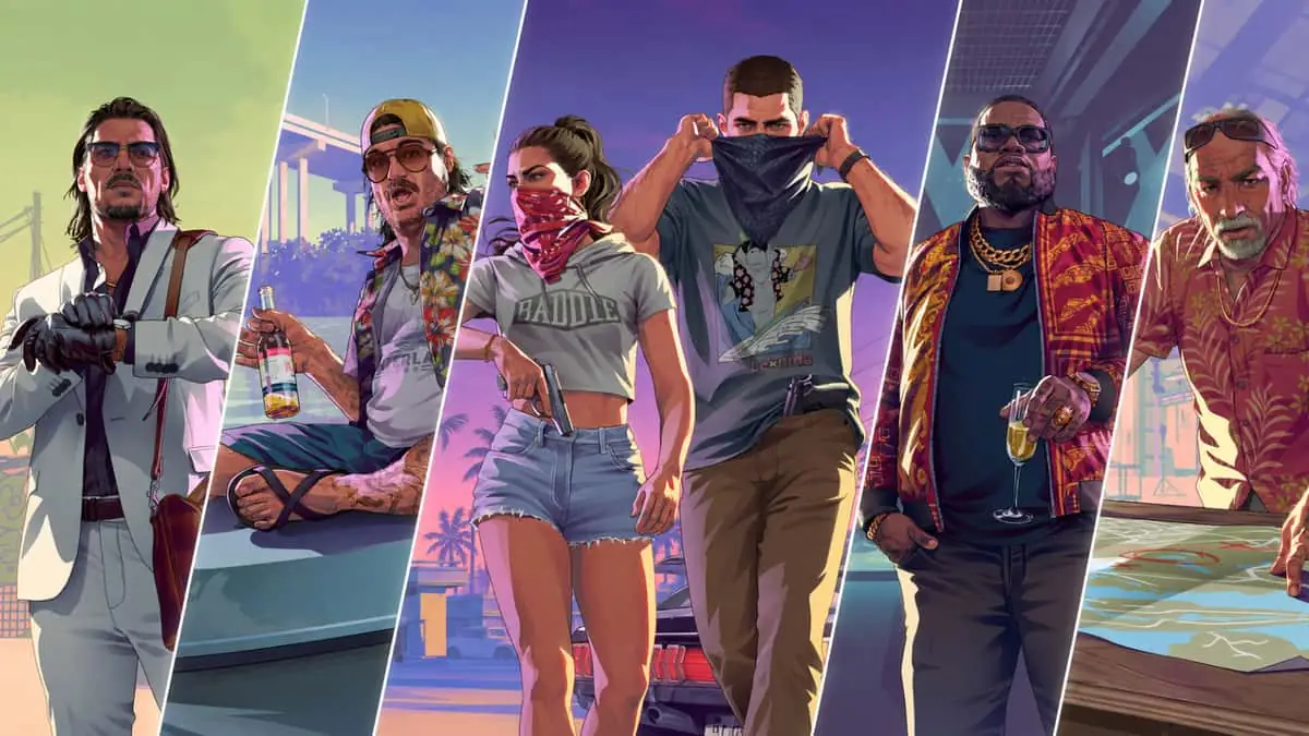 Illustratie met zes personages uit GTA 6 naast elkaar in schuine panelen, onder wie Lucia en Jason in het midden