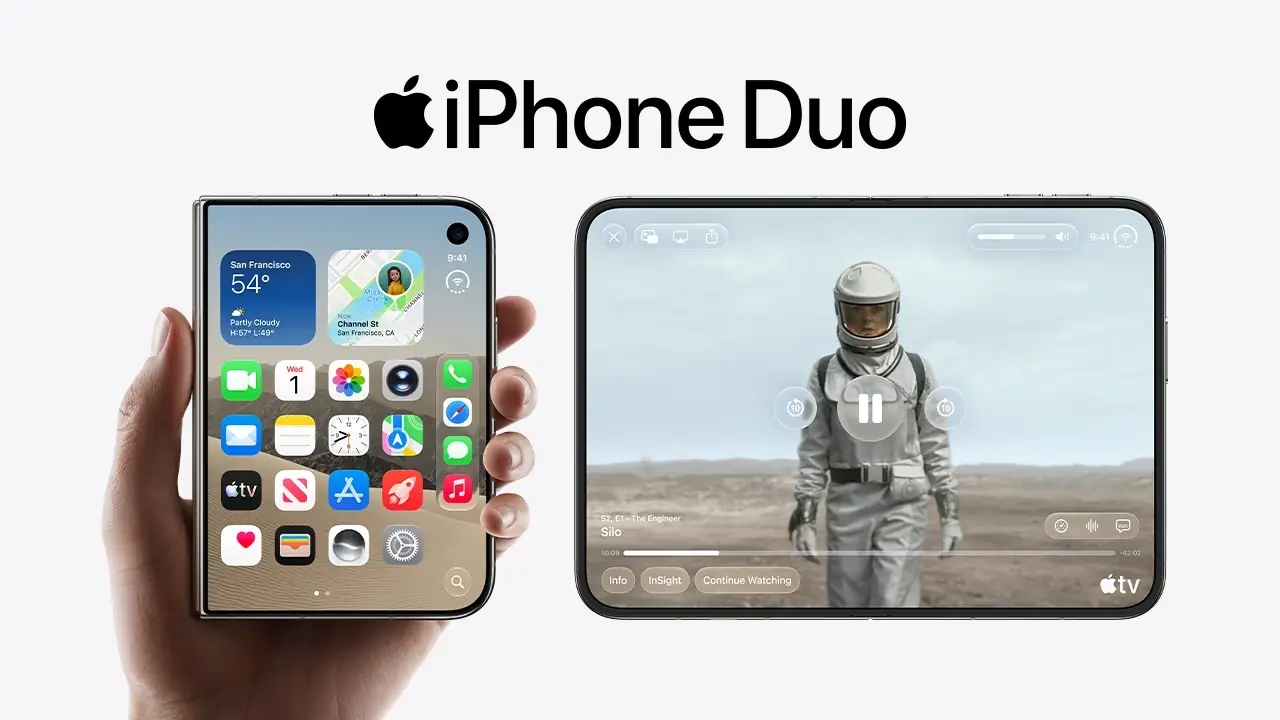 Twee handen houden de opengevouwen iPhone Duo vast, links een architectuurfoto, rechts groot