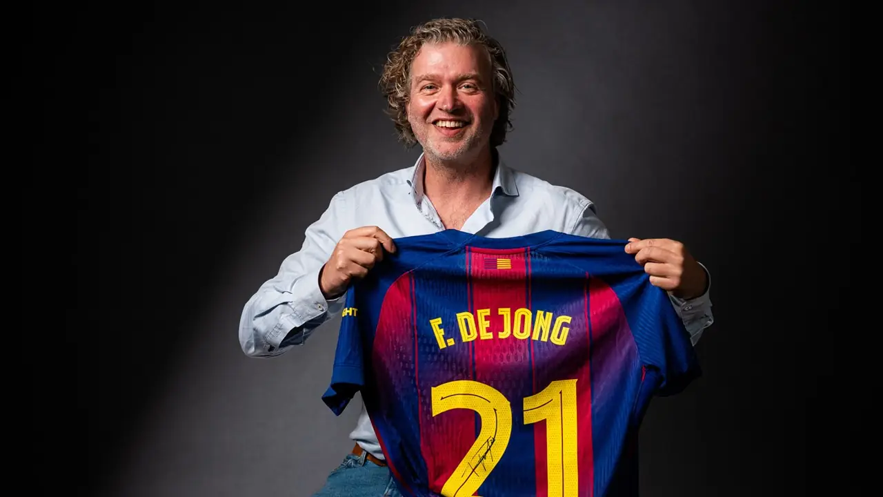 Paul Braat van MatchWornShirt houdt een gesigneerd Barcelona-shirt op met de naam F. de Jong en rugnummer 21