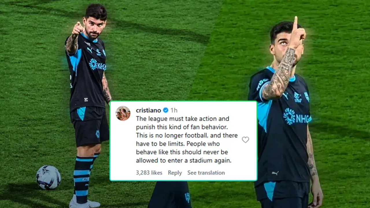 Screenshot van de Instagram-reactie van Cristiano Ronaldo, met op de achtergrond twee voetballers op het trainingsveld