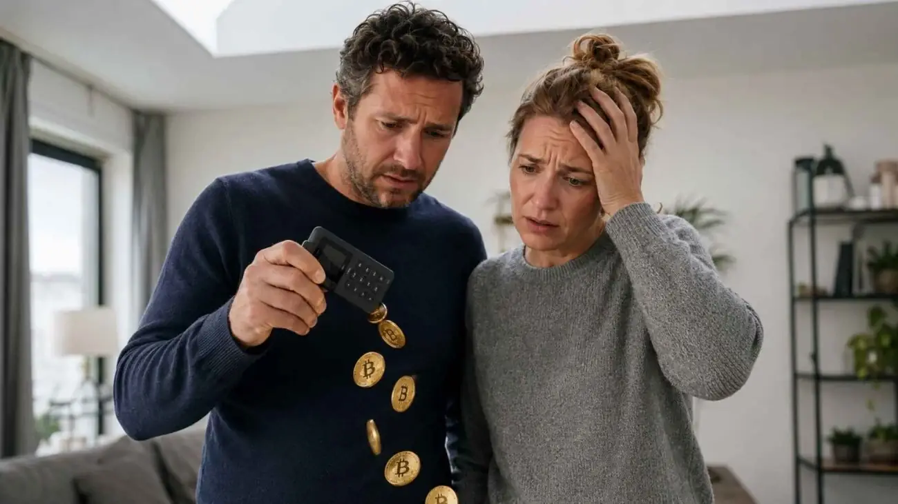 Een man en een vrouw kijken geschrokken naar een zwarte hardware wallet waar gouden bitcoinmunten uit vallen