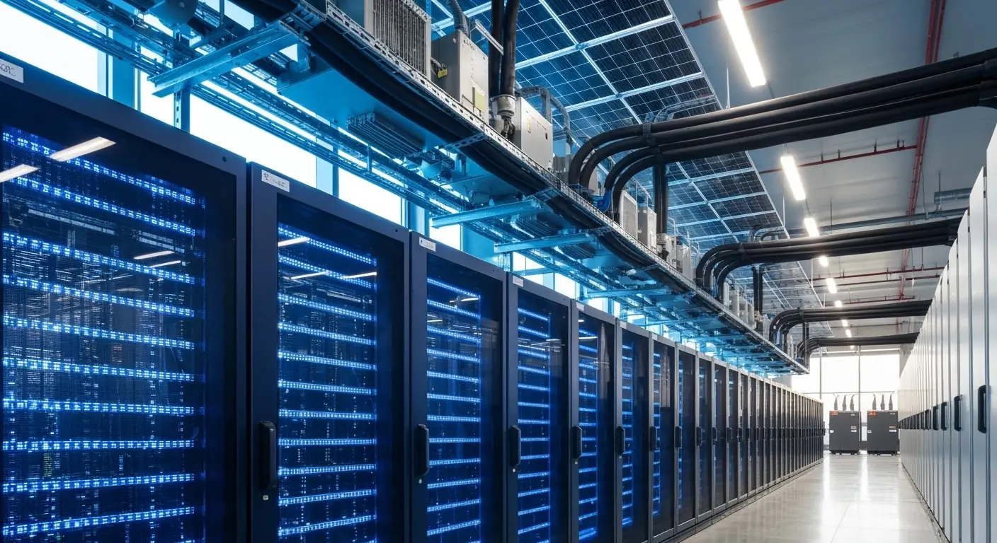 Rijen serverrekken met blauwe lichtjes in een datacenter, met zonnepanelen op het dak zichtbaar