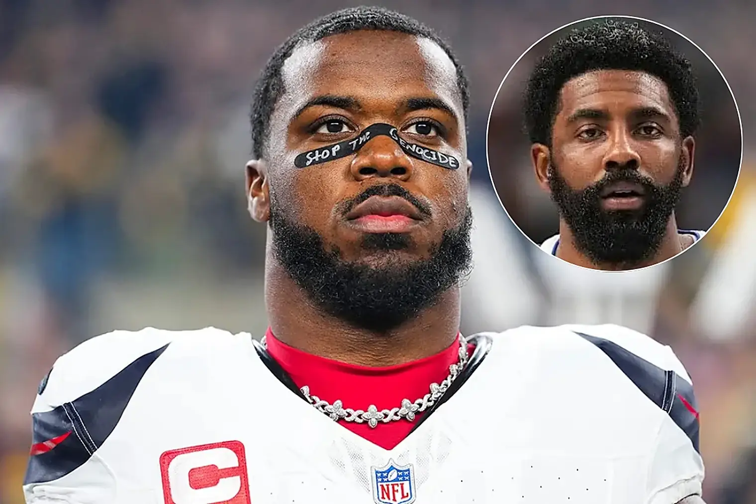 Azeez Al-Shaair met "Stop the genocide" op zijn eyeblack in januari, met een inzet van Kyrie Irving
