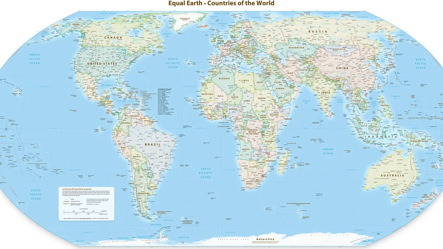 Wereldkaart in de Equal Earth-projectie met Afrika, Noord- en Zuid-Amerika, Europa, Azië en Australië op hun ware relatieve grootte