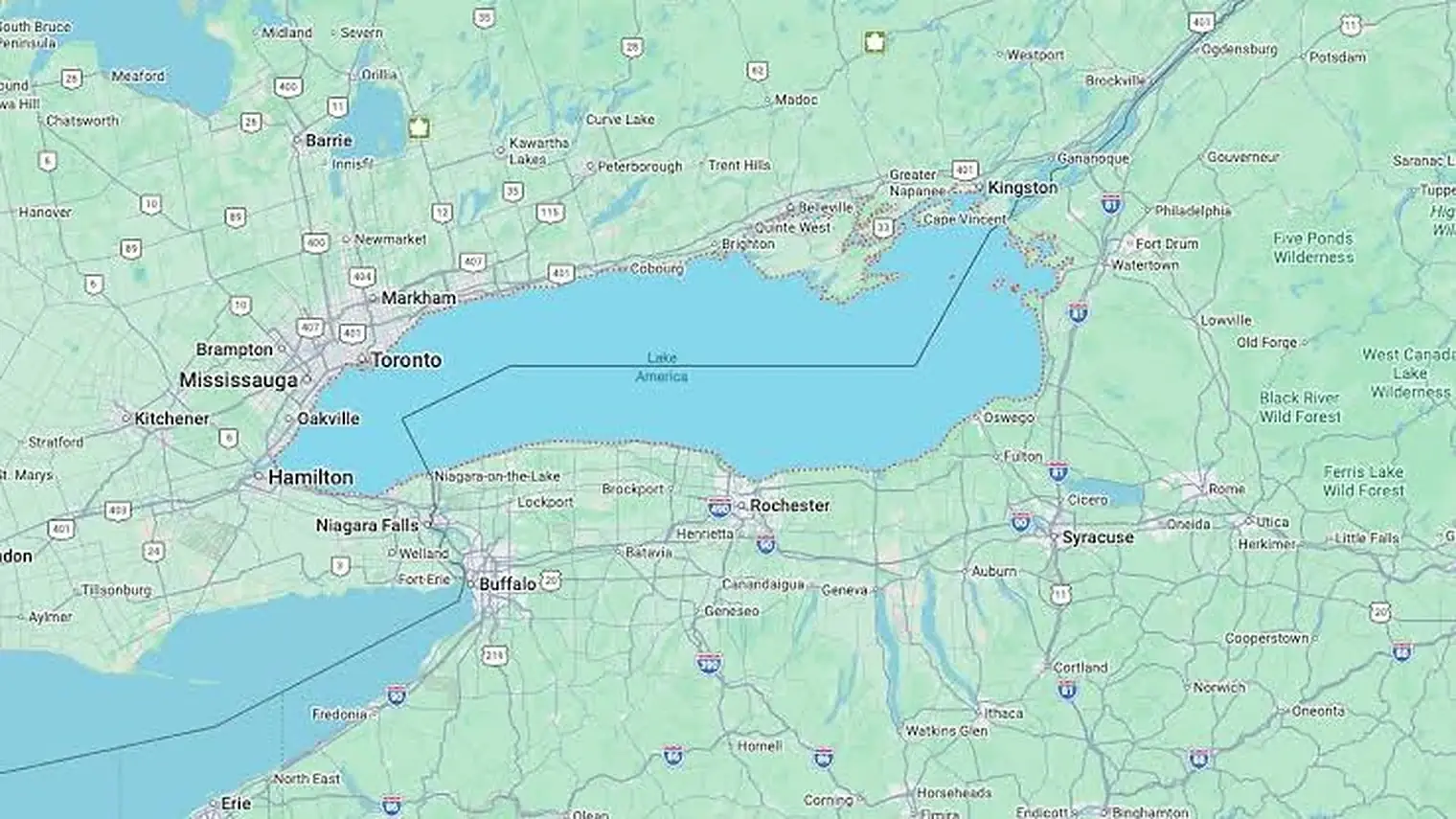 Schermafdruk van Google Maps met het meer tussen Toronto en Rochester, waarin de naam Lake America staat
