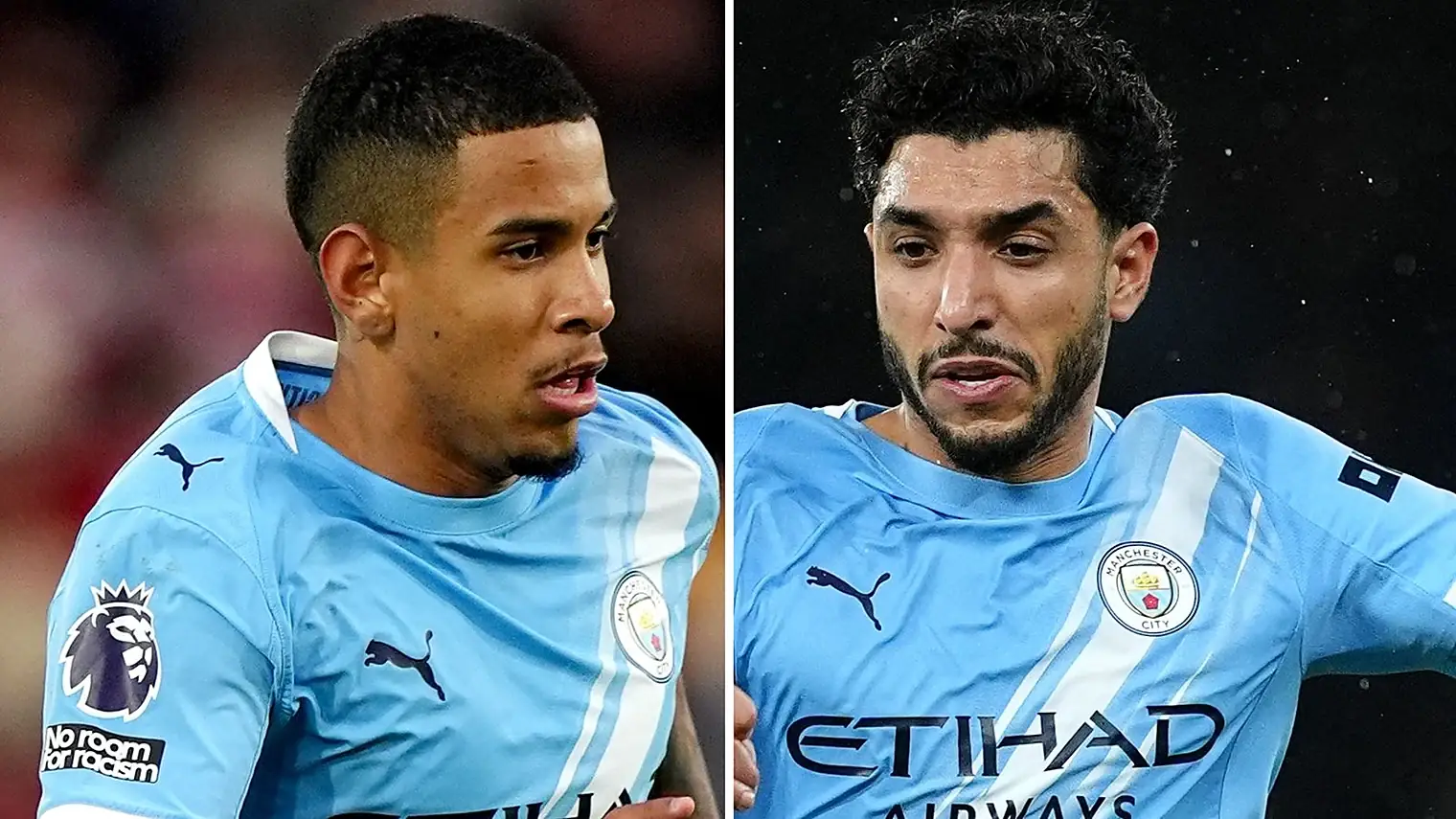 Portretten naast elkaar van Savinho en Omar Marmoush in het lichtblauwe shirt van Manchester City