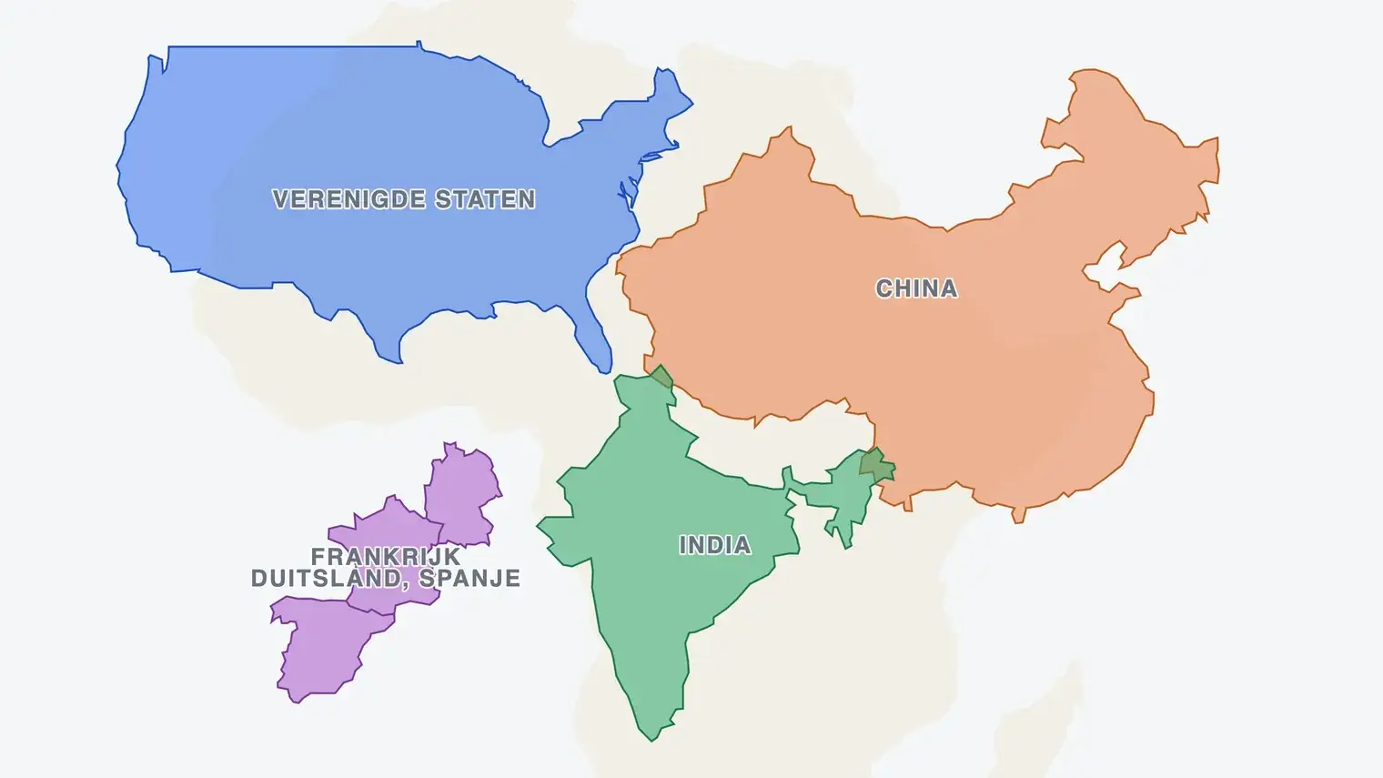 Kaart van Afrika met daarbinnen op ware grootte de omtrek van de Verenigde Staten, China, India en Frankrijk, Duitsland en Spanje