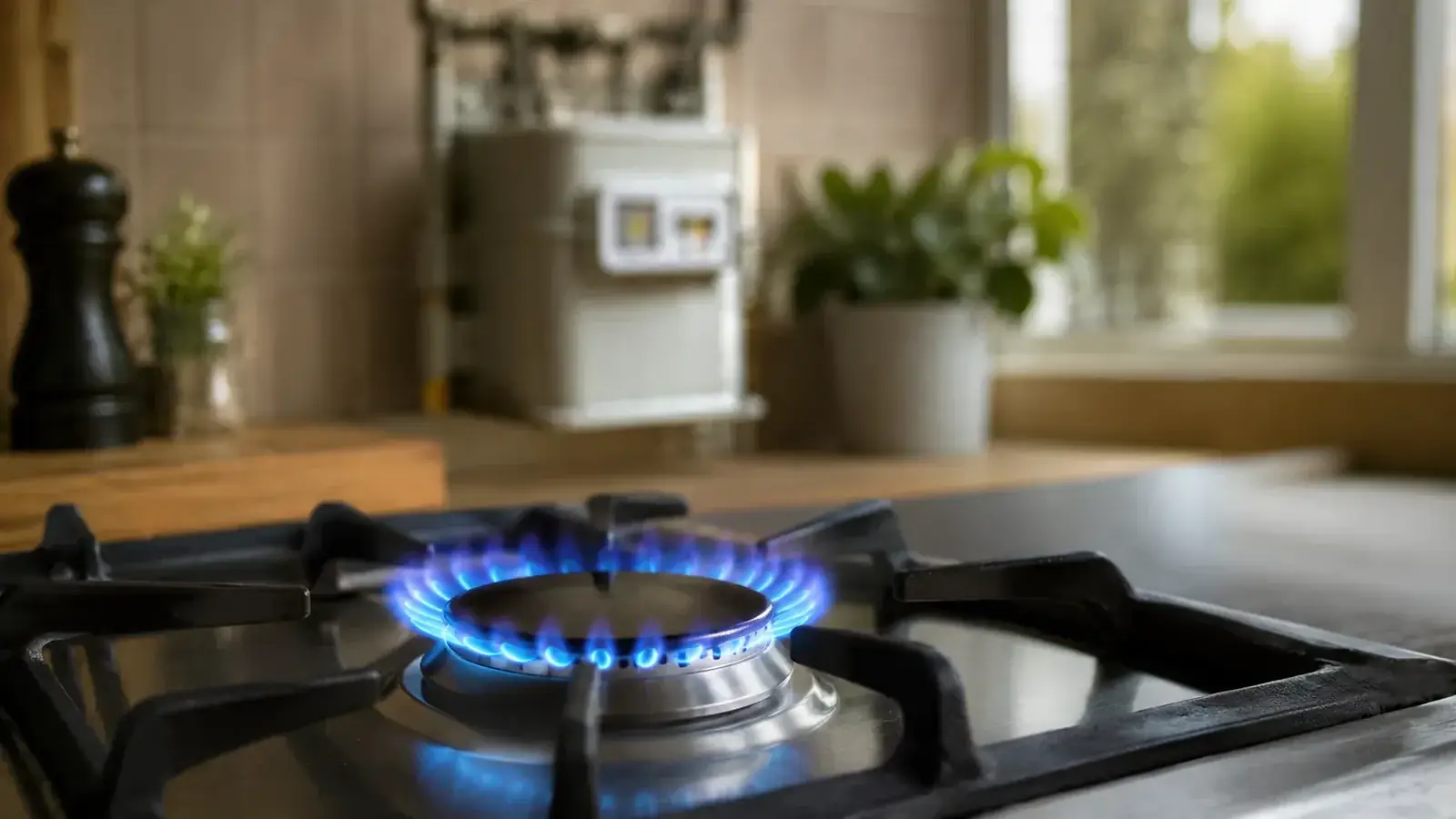 Blauwe vlam van een gaspit op een fornuis, met op de achtergrond een keuken met een cv-ketel