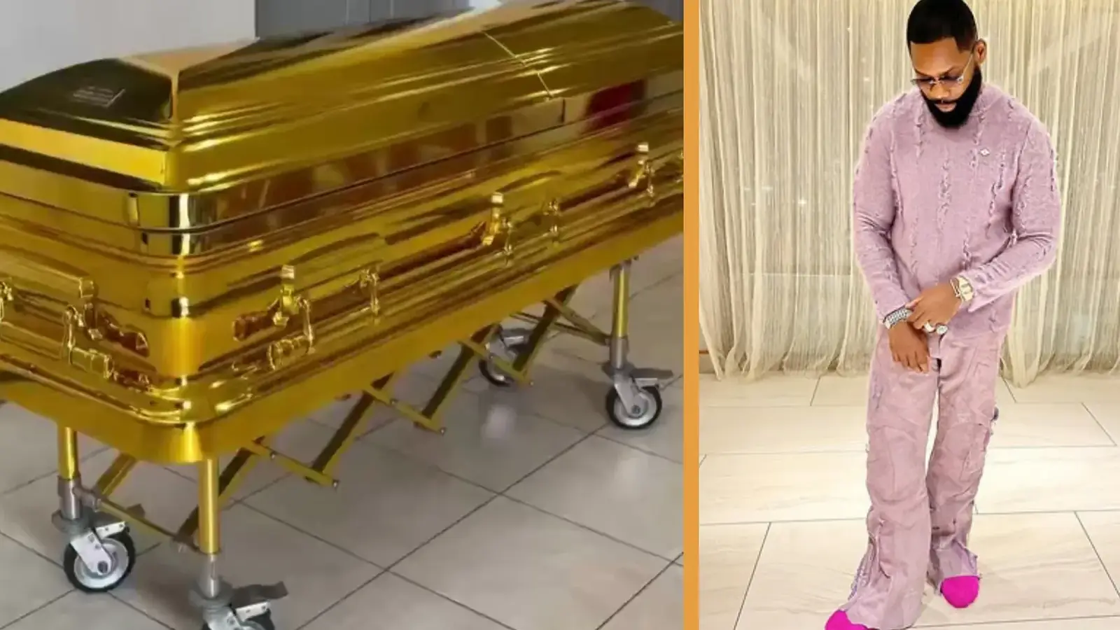 De gouden kist van Igho Ubiribo op wielen, met daarnaast een rouwende man in roze pak
