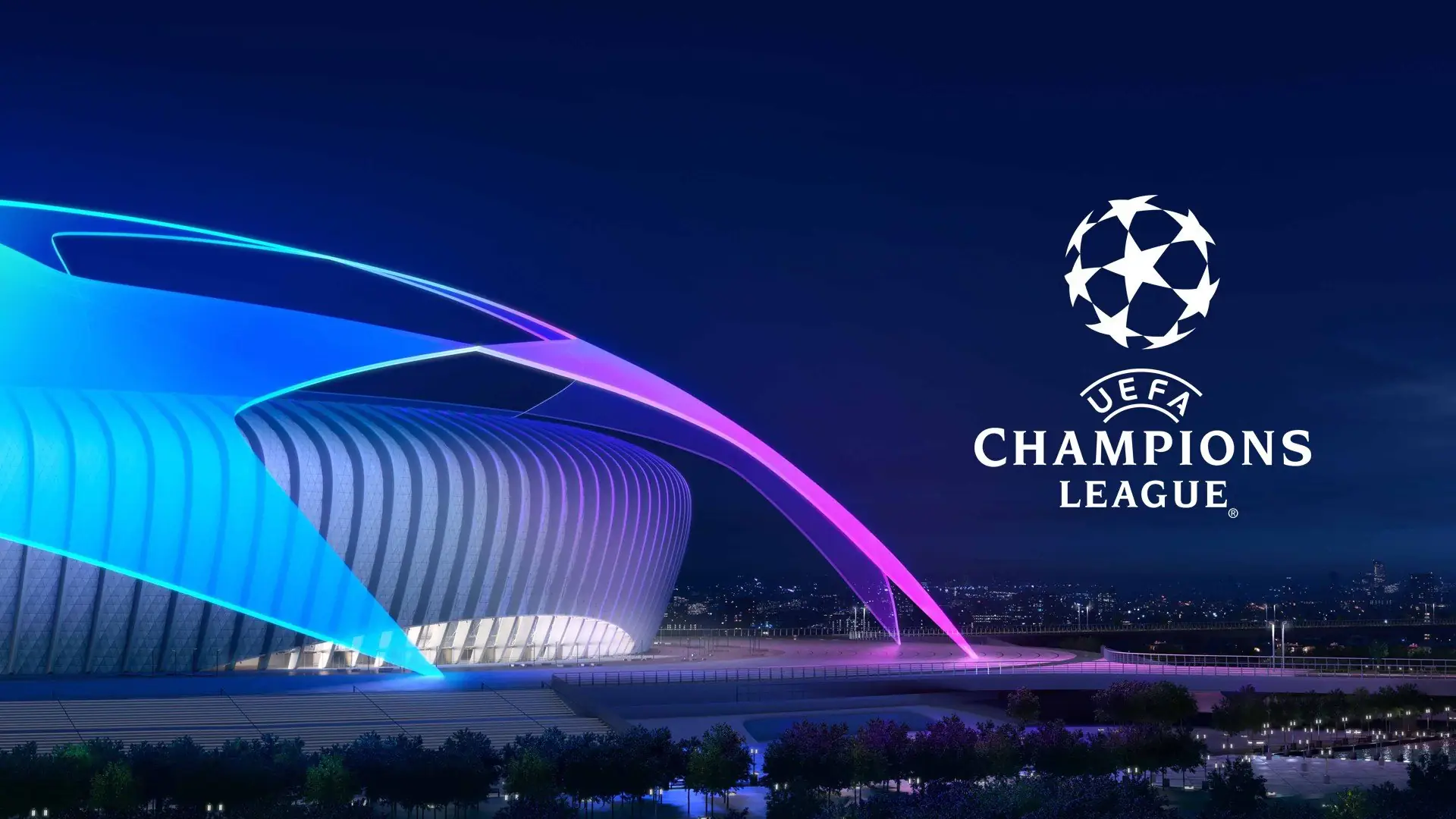 Merkbeeld van de UEFA Champions League met een verlicht stadion in blauw en paars licht bij avond