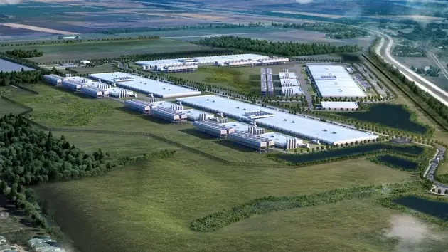 Luchtfoto-render van een groot datacentercomplex met meerdere gebouwen tussen akkers en bos
