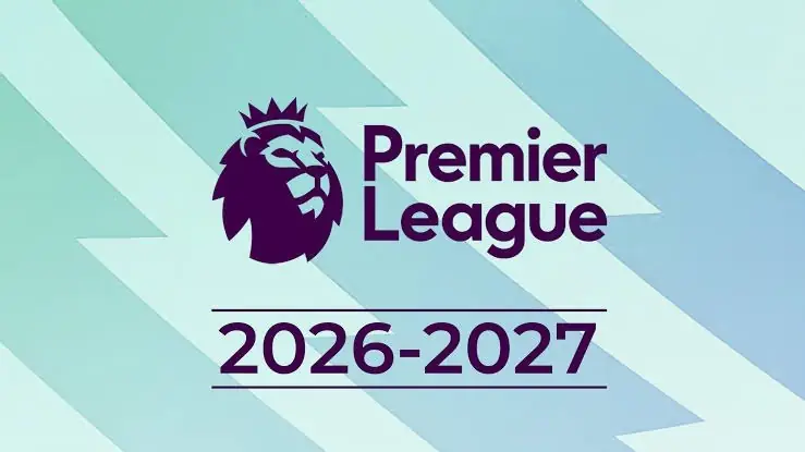 Het beeldmerk van de Premier League met daaronder 2026-2027, op een blauwgroene achtergrond